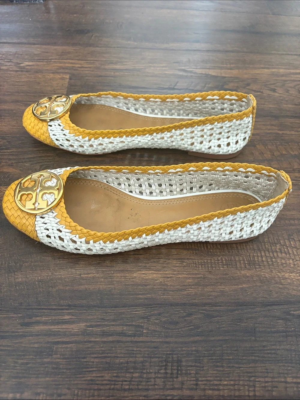 Tory Burch Yellow & White Woven Logo Flats